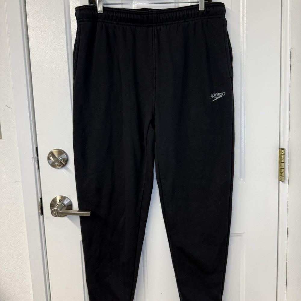 Speedo Mens Warm Up Black Jogger Pants Drawstring Pockets Tapered Leg EUC Sz Med